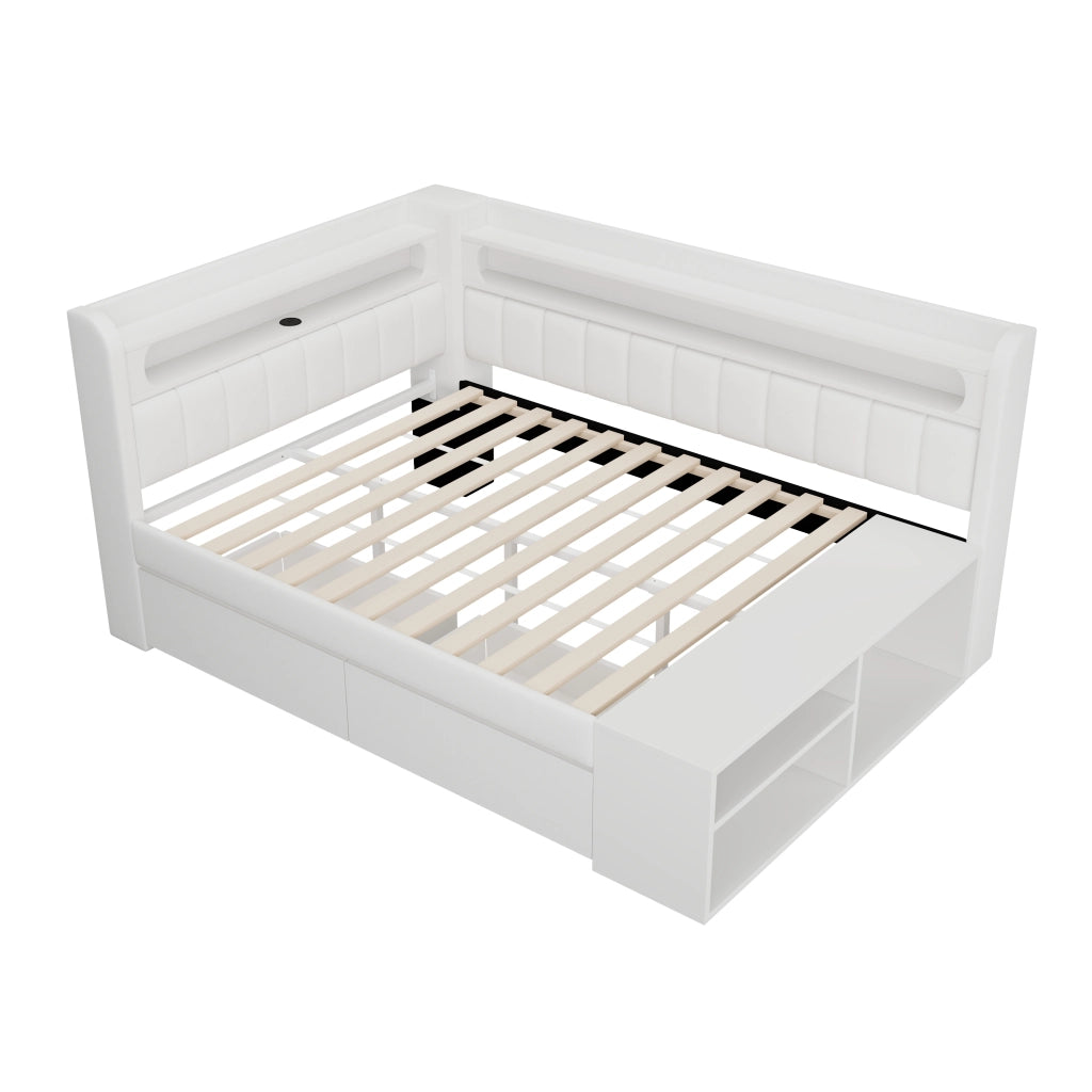 LETTO imbottito 90x200 cm bianco con USB, LED, scarpiera e 2 cassetti