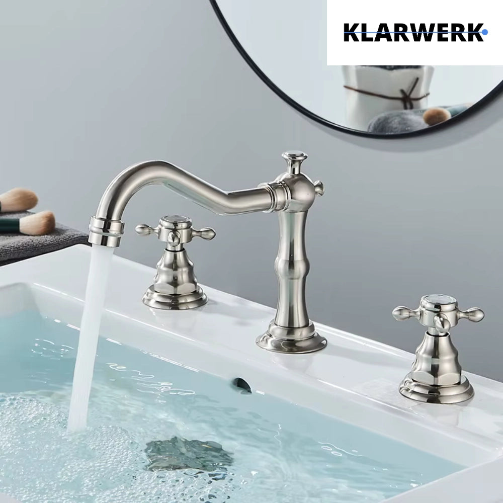 JULIAN | Rubinetto da bagno vintage a 3 fori argento spazzolato | Lavello in acciaio inossidabile retrò premium | Antico miscelatore 2 maniglie