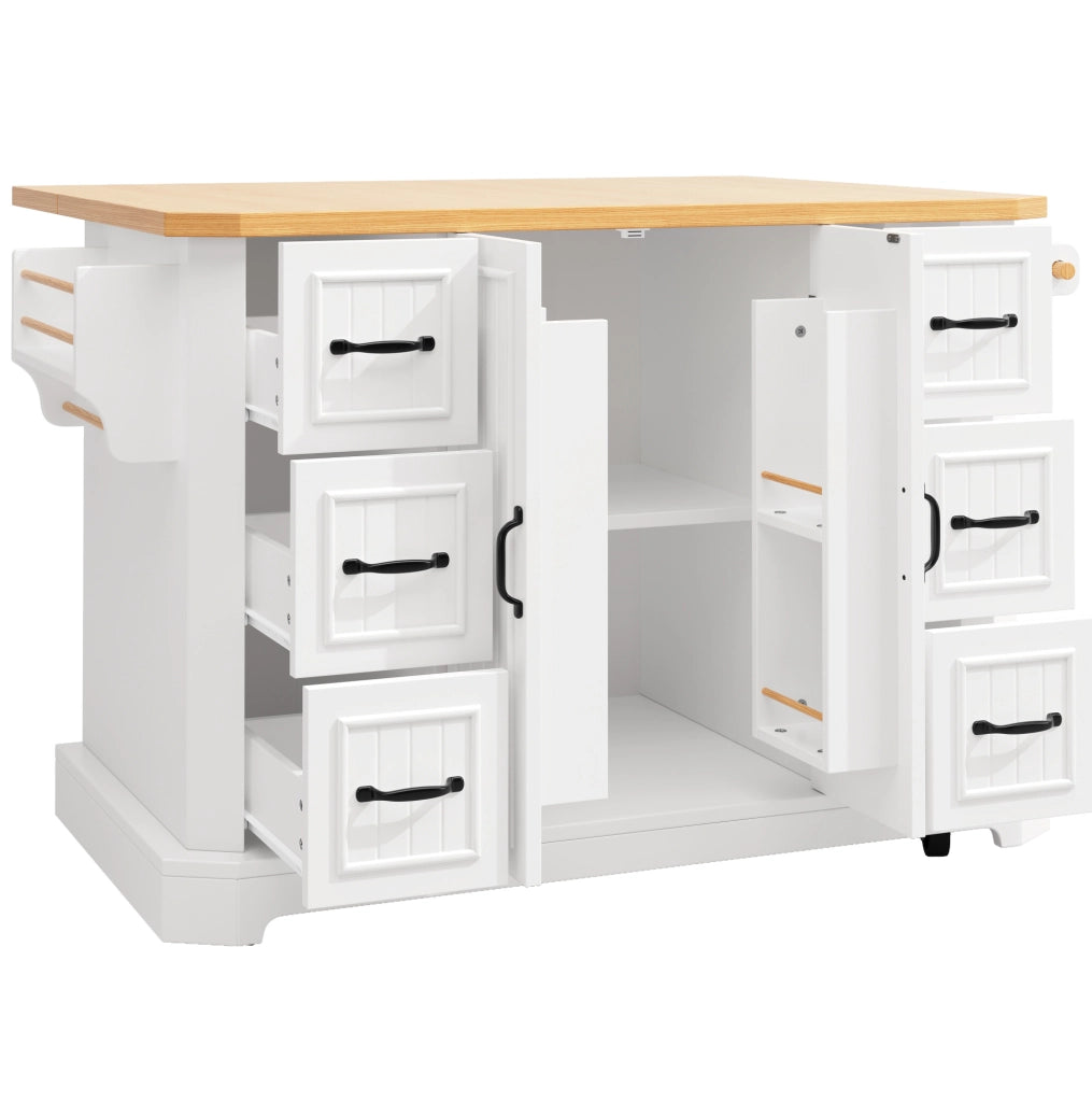 Isola da cucina 120x45x91 cm bianca in MDF e metallo; 6 cassetti su ruote