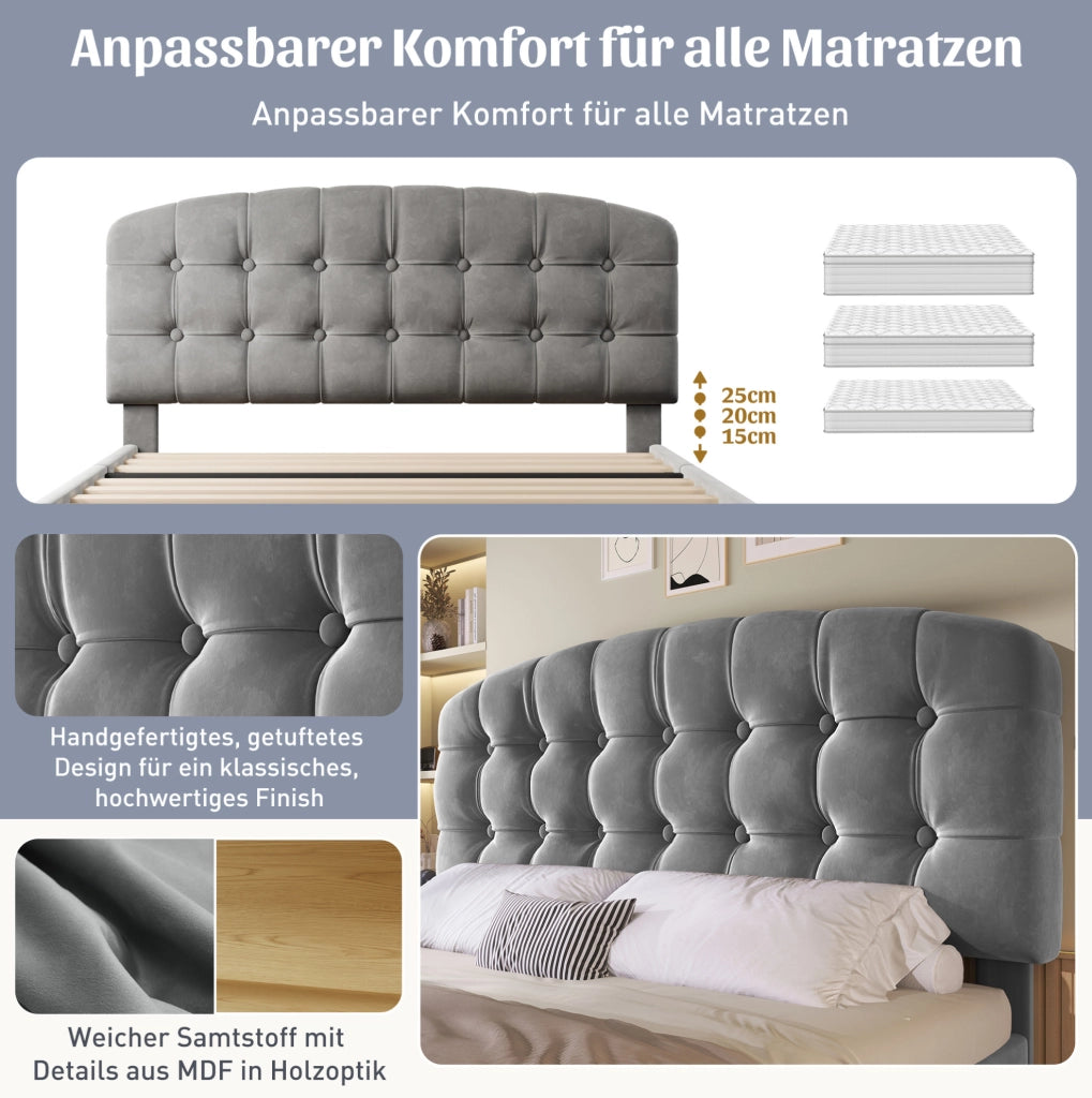 Letto imbottito 140x190 cm in velluto grigio con cassetti
