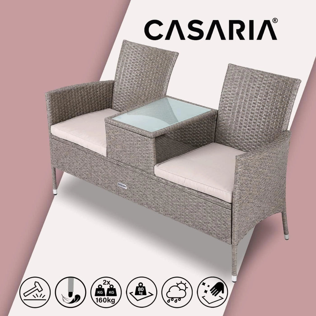 Panchina da Esterno con Tavolino Polyrattan DivanettoCon Cuscini Resistente alle Intemperie
