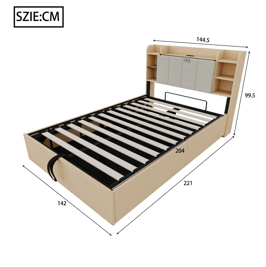 Letto 140x200 cm con contenitore idraulico e testiera con vani in MDF