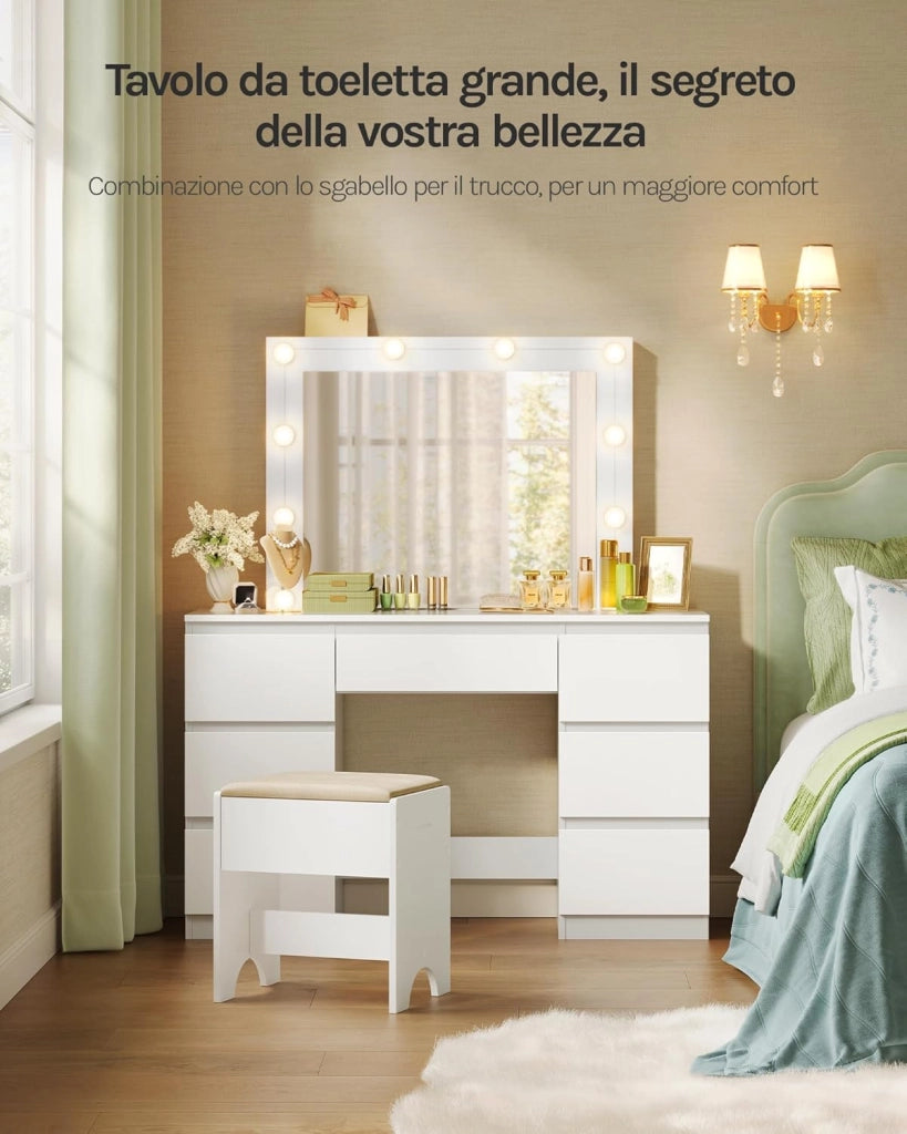 Toeletta da Trucco con Specchio, Sgabello e Luci LED, Luminosità Regolabile, Tavolo da Trucco con 7 Cassetti, Postazione Make Up 107x39,5x140,5cm, Cassettiera in Legno, Bianco