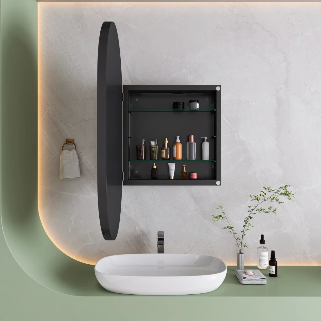 Armadietto a specchio ovale con 2 ripiani regolabili installazione a parete o incasso per bagno in metallo nero
