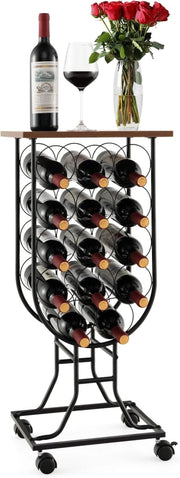 Portabottiglie per Vino con Ruote Staccabili e Bloccabili, Cantinetta Vino Stile Rustico per 14 Bottiglie, con Piano in Legno e Struttura in Metallo, Mobile Bar per Soggiorno e Cucina