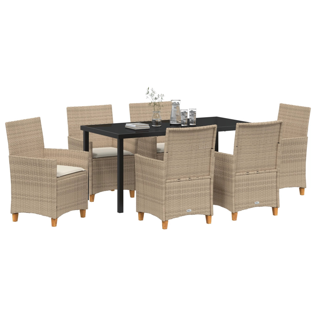 Set da Pranzo da Giardino da 7 Pezzi con Cuscini Beige Rattan Poliestere