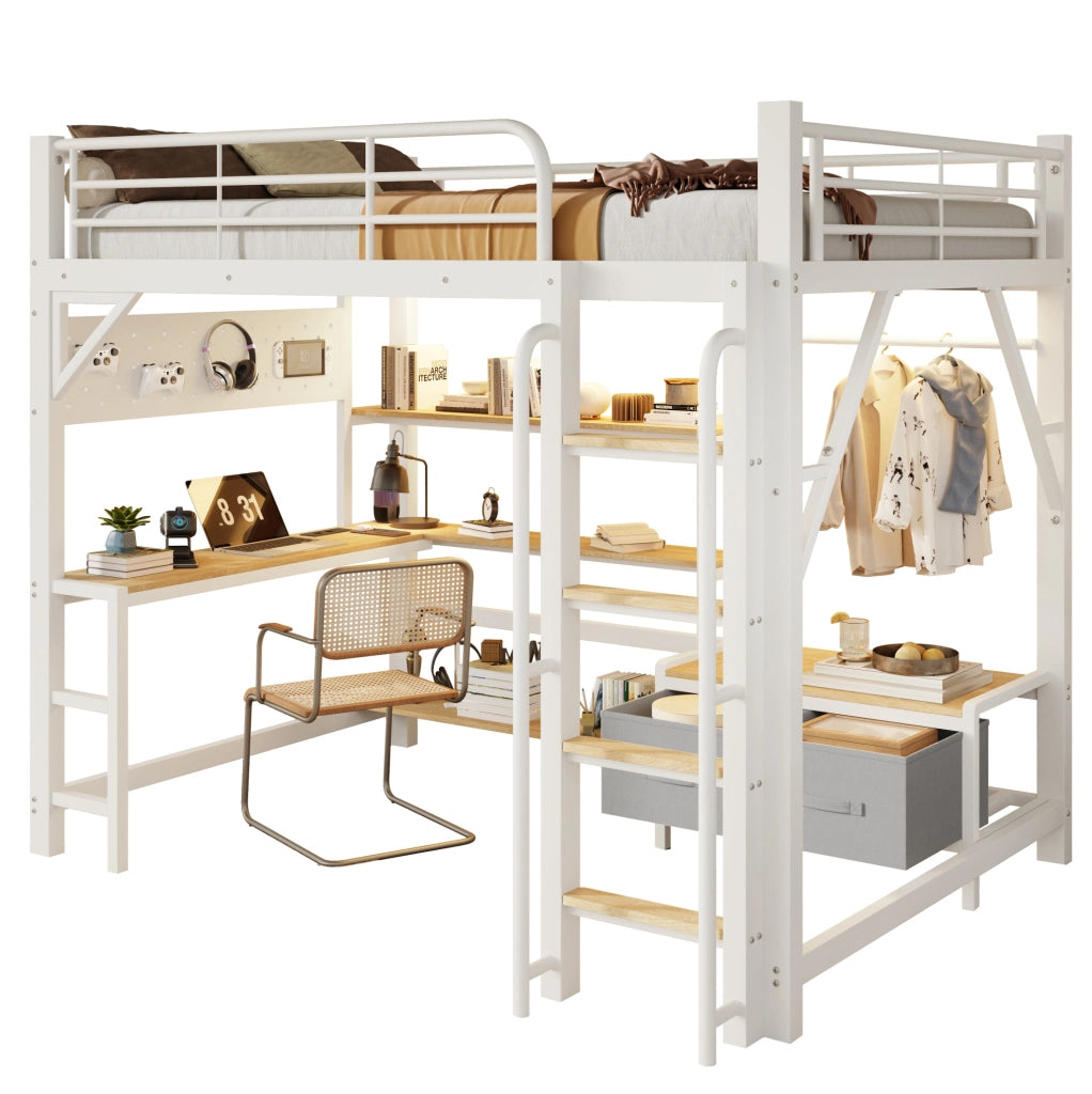 Letto a castello 140x200 cm in metallo e MDF con scrivania; LED; USB e contenitori; bianco