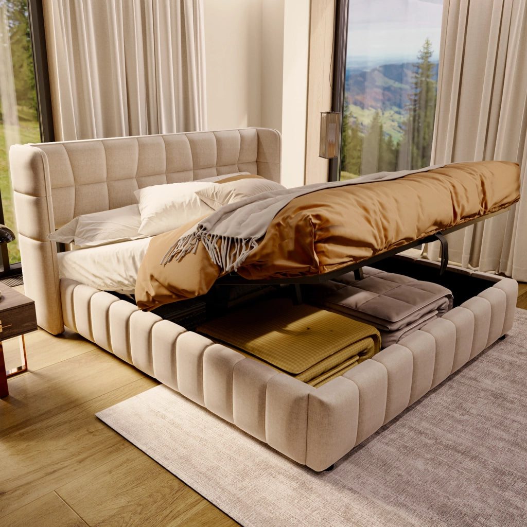 Letto matrimoniale in lino beige 180x200 con doghe pneumatico e testiera