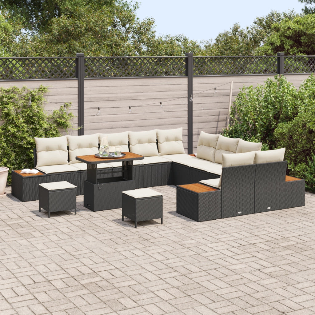 Set Divani Giardino  13 Pezzi con Cuscini Nero Polyrattan Acacia