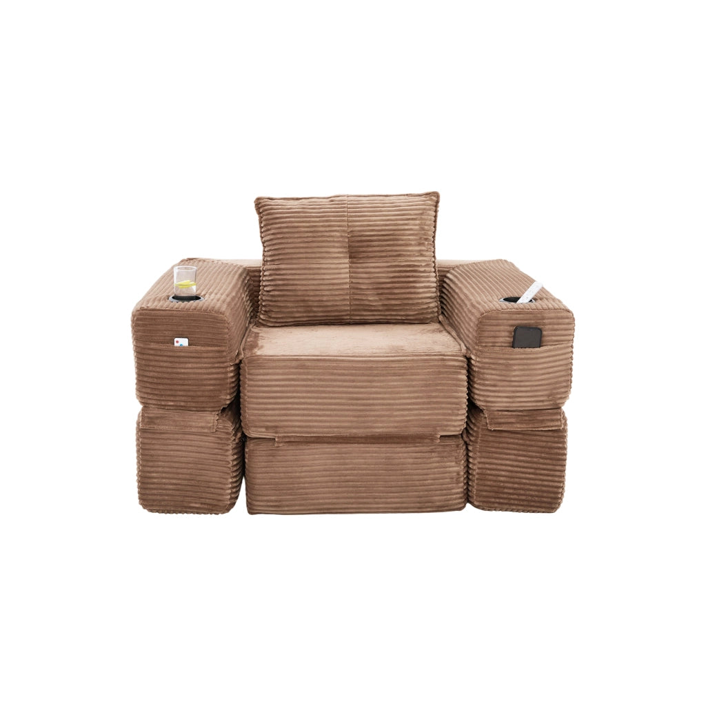 Divano letto modulare in cord con tasche laterali e portabicchieri - marrone - 122×98×80 cm