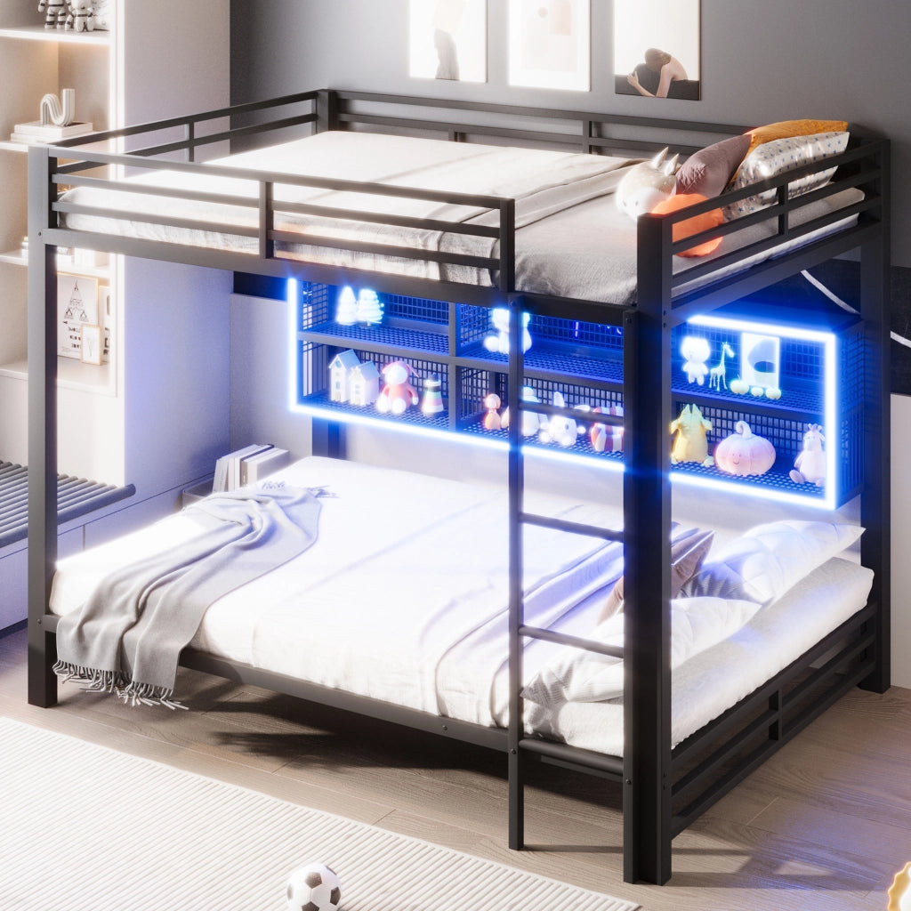 Letto a castello 140 × 200 cm con 6 armadietti laterali e LED, senza materasso, in metallo, nero