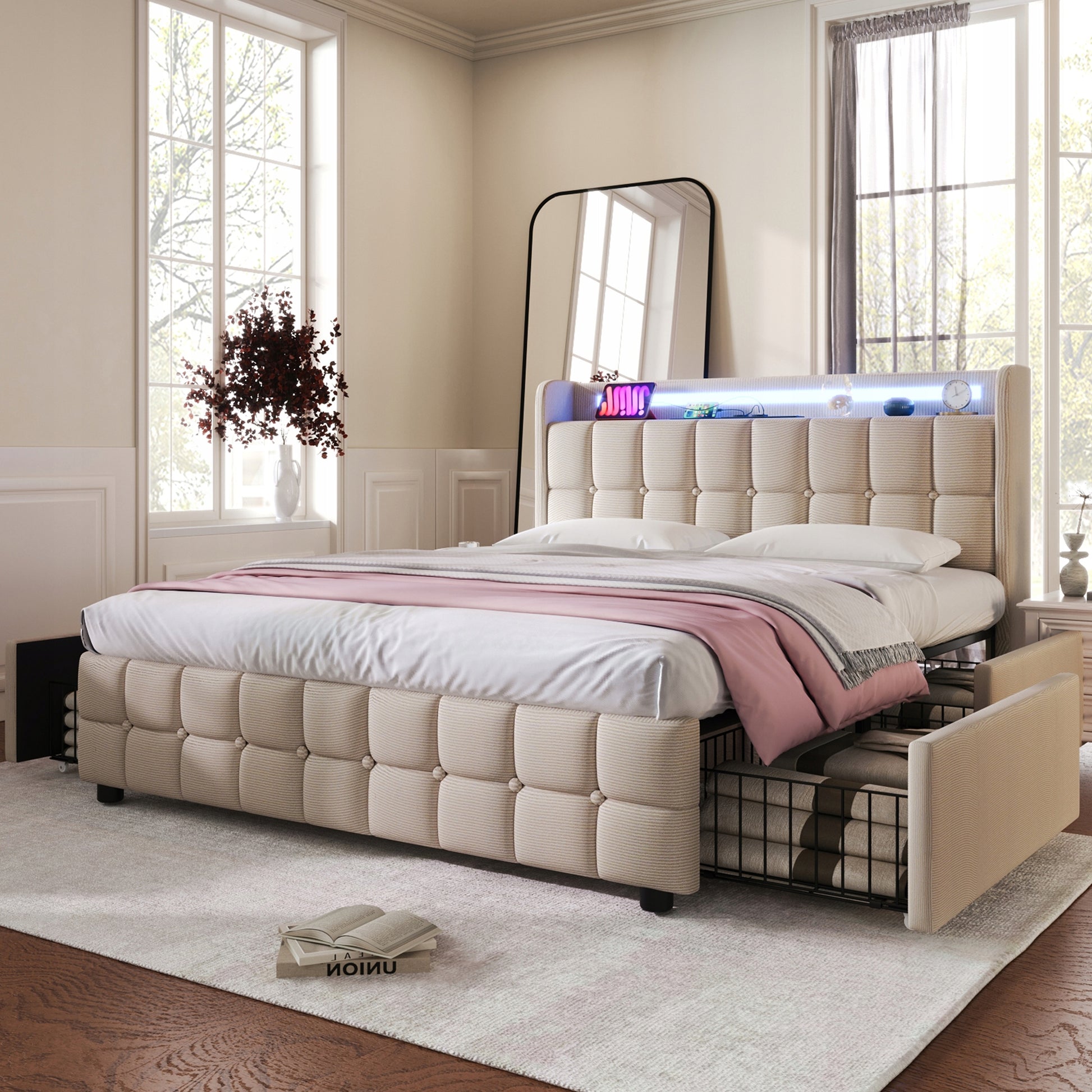 Letto singolo imbottito - Xylo - 90x200 cm - Beige chiaro - USB Type C, cassetti