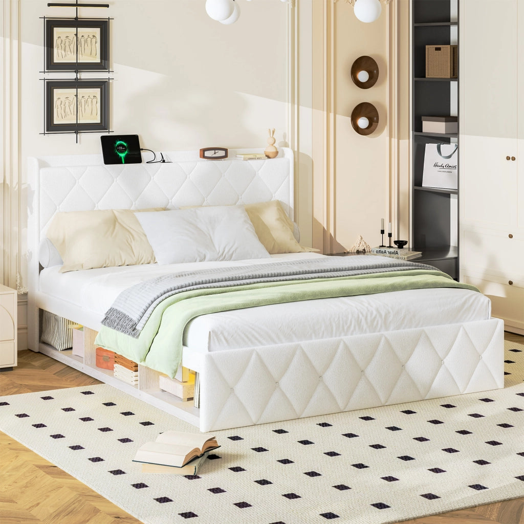 Letto matrimoniale 160 × 200 cm con USB, LED, ripiano in testiera e contenitore, senza materasso, bianco
