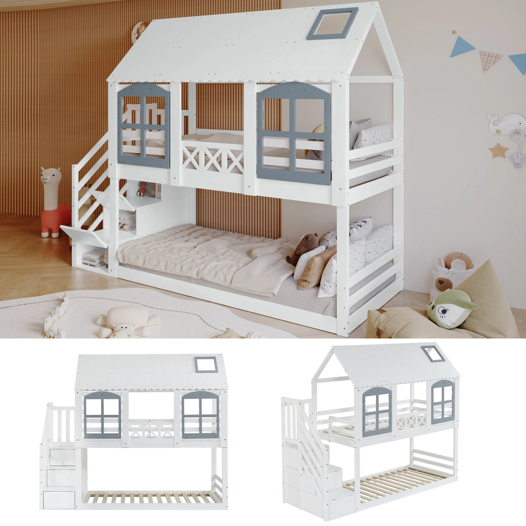 Letto a Castello 90x200 cm con Tetto; Finestre e Scala con 3 Scomparti in Legno e MDF