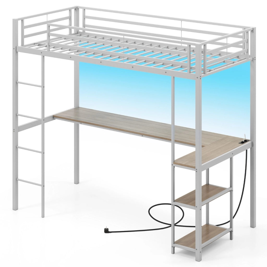Letto metallico loft con presa elettrica-Giroletto a soppalco con sponda & scala Argento + Naturale