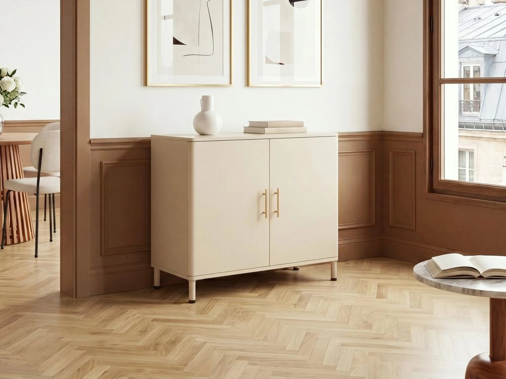 Credenza multimediale in acciaio a 2 ante, colore beige, con angoli arrotondati e maniglie dorate