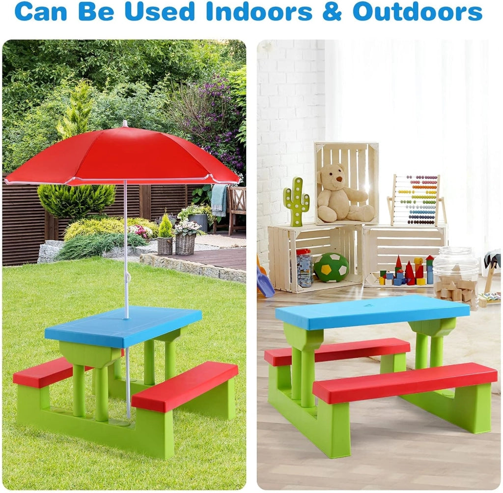 Tavolo da Picnic, Set di Tavolo e Sedie per Bambini con Parasole Pieghevole per Giardino/Terezzo/Parco, Bambini più di 3 Anni (Verde + Rosso + Blu)