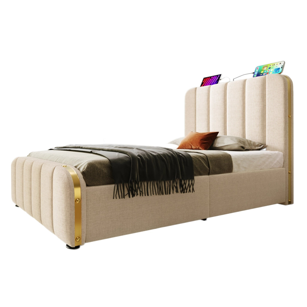 Letto singolo 90x200 cm in tessuto beige con 4 cassetti, USB e ricarica Type-C, rete a doghe e materasso