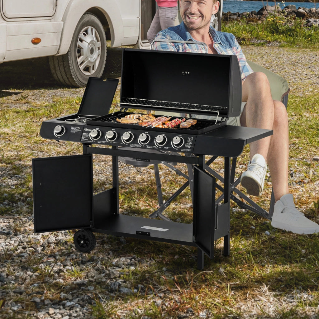 Easycomfort Barbecue a Gas con Coperchio, 7 Bruciatori da 20kW, Fornello Laterale e 2 Ruote, 135x50x100cm Nero