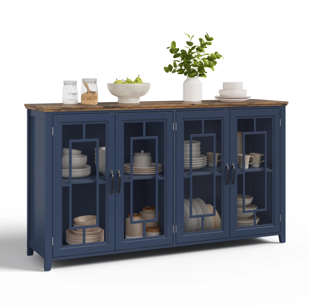 Credenza da cucina 160x40x86 cm in MDF blu con ante in vetro e piano effetto legno