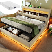 Letto imbottito 160 x 200 cm beige con materasso, LED, ricarica e contenitore