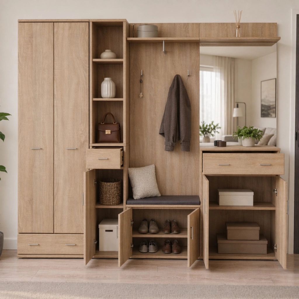 Mobile Ingresso Panca Portascarpe Appendiabiti Set Entrata Anta Specchio Vani Guardaroba Ganci Armadio Contenitore Multifunzione Salvaspazio Per Corridoio Casa Design Moderno 210 x 32 x 203 Cm Rovere