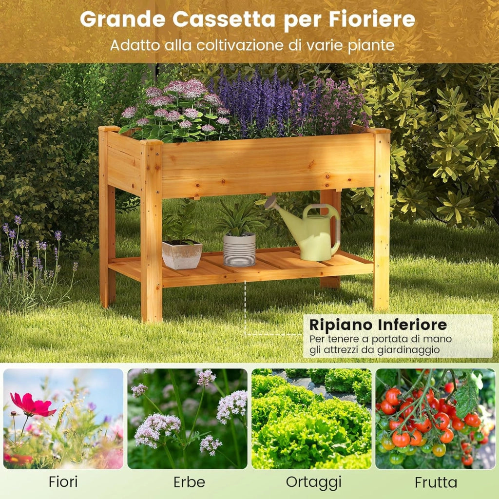 Letto per Orto Rialzato da Esterno in Legno di Abete, Fioriera Rialzata con Fori di Drenaggio e Ripiano Inferiore, Letto per Piante Urbano da Giardino e Patio, 120 x 60 x 82 cm (Arancione)