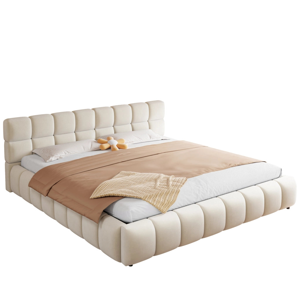 Letto matrimoniale imbottito 180x200 cm in velluto beige con contenitore idraulico e LED