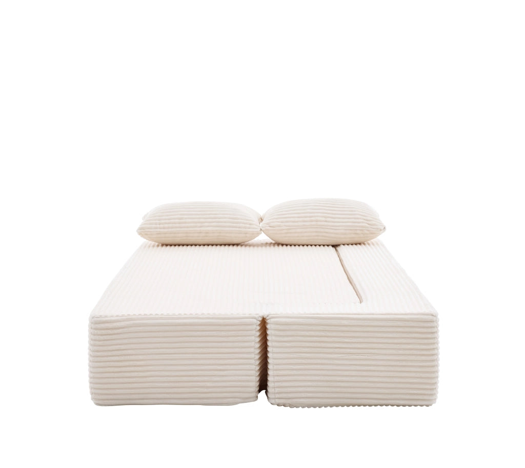 Divano letto modulare a terra 3 posti in tessuto a coste con funzione letto e 2 cuscini, senza montaggio, beige
