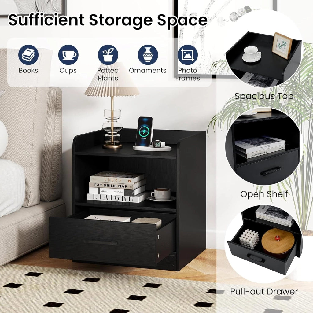 Comodino Cameretta con Luce LED a 16 Colori, Tavolino Camera da Letto con Ripiano Aperto e Cassetto, Comodino Moderno con Telecomando per Soggiorno, 44,5 x 40 x 50 cm, Nero