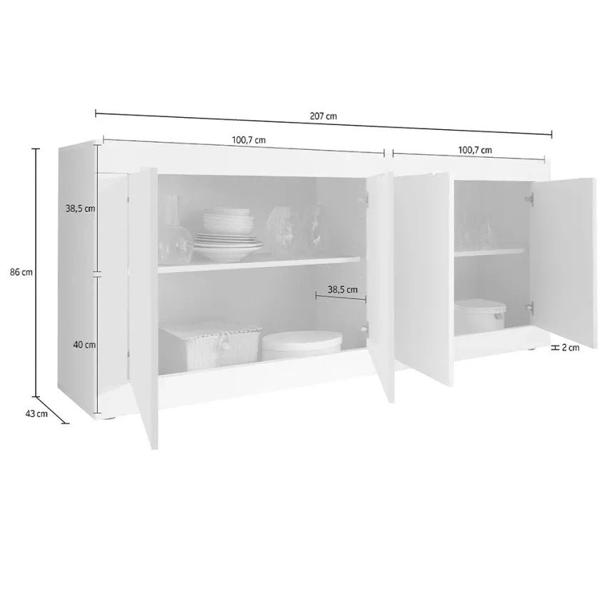 Madia Poli, Credenza 2 Ripiani, 207x43x86h cm Bianco Lucido