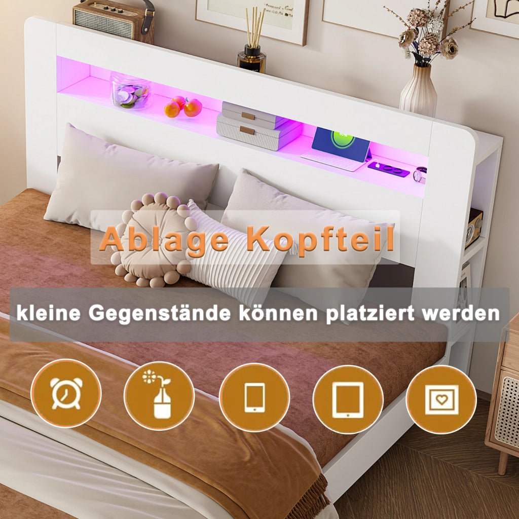 Letto con piattaforma 180x200 mm illuminazione a LED prese elettriche con vani portaoggetti legno bianco