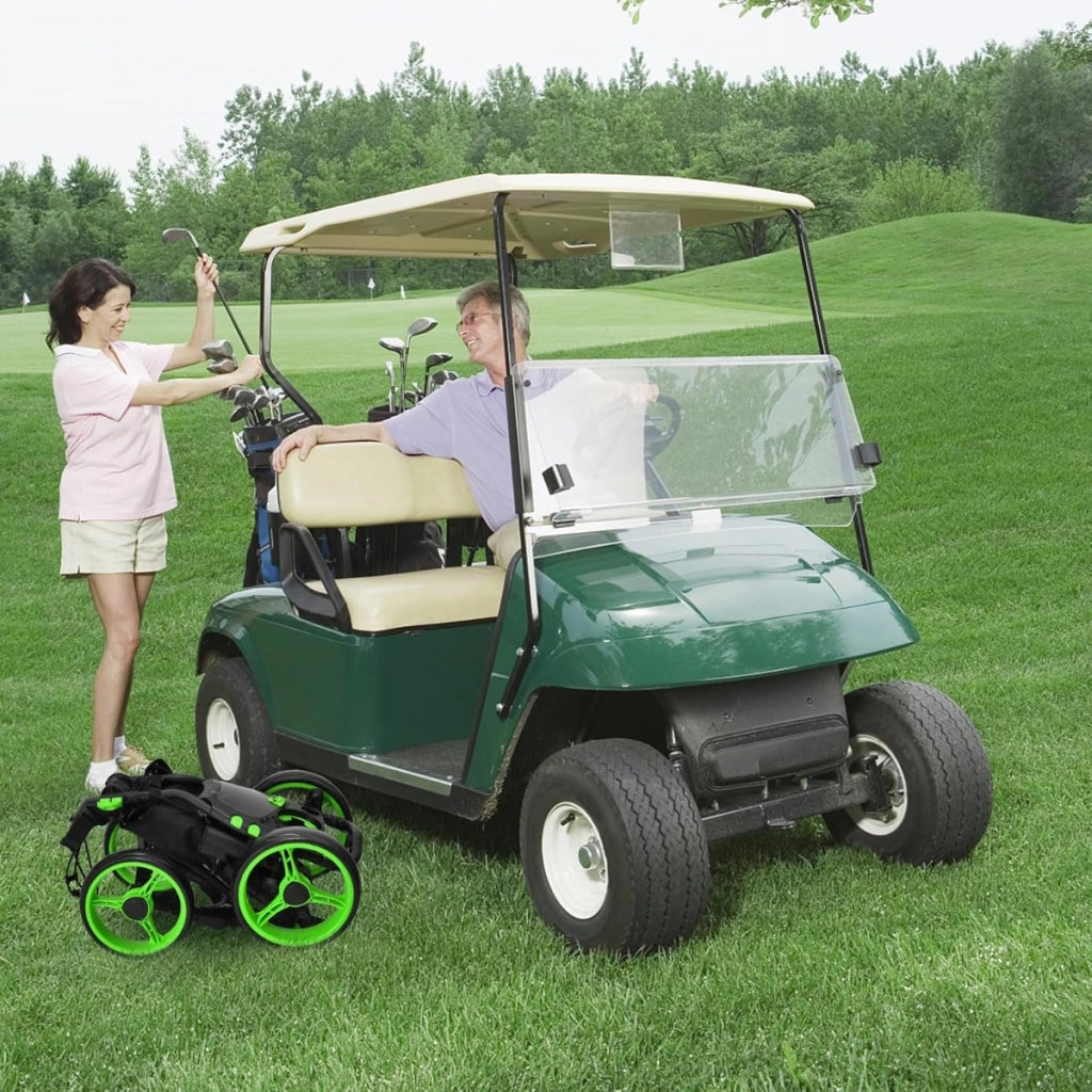 Carrello da golf a spinta e a trazione con borsa impermeabile e freno a pedale, Carrello pieghevole a 4 ruote Verde-Golf