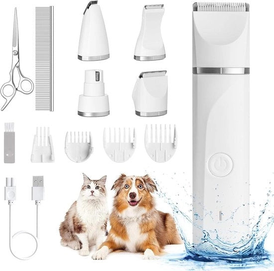 Tondeuse per cani e trimmer per pelo 4 in 1 - Ricarica USB - Silenzioso - Con lame in acciaio - IPX7 impermeabile - Senza fili - Per piccoli cani e gatti