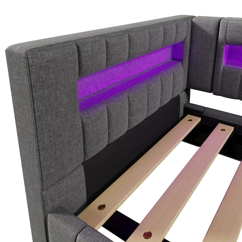 Letto singolo 90x200 cm grigio con LED, USB-C e contenitore idraulico