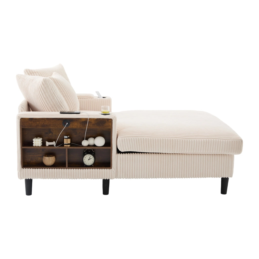 Chaiselongue in corduroy beige con portabicchieri, LED, vano portaoggetti e porta USB