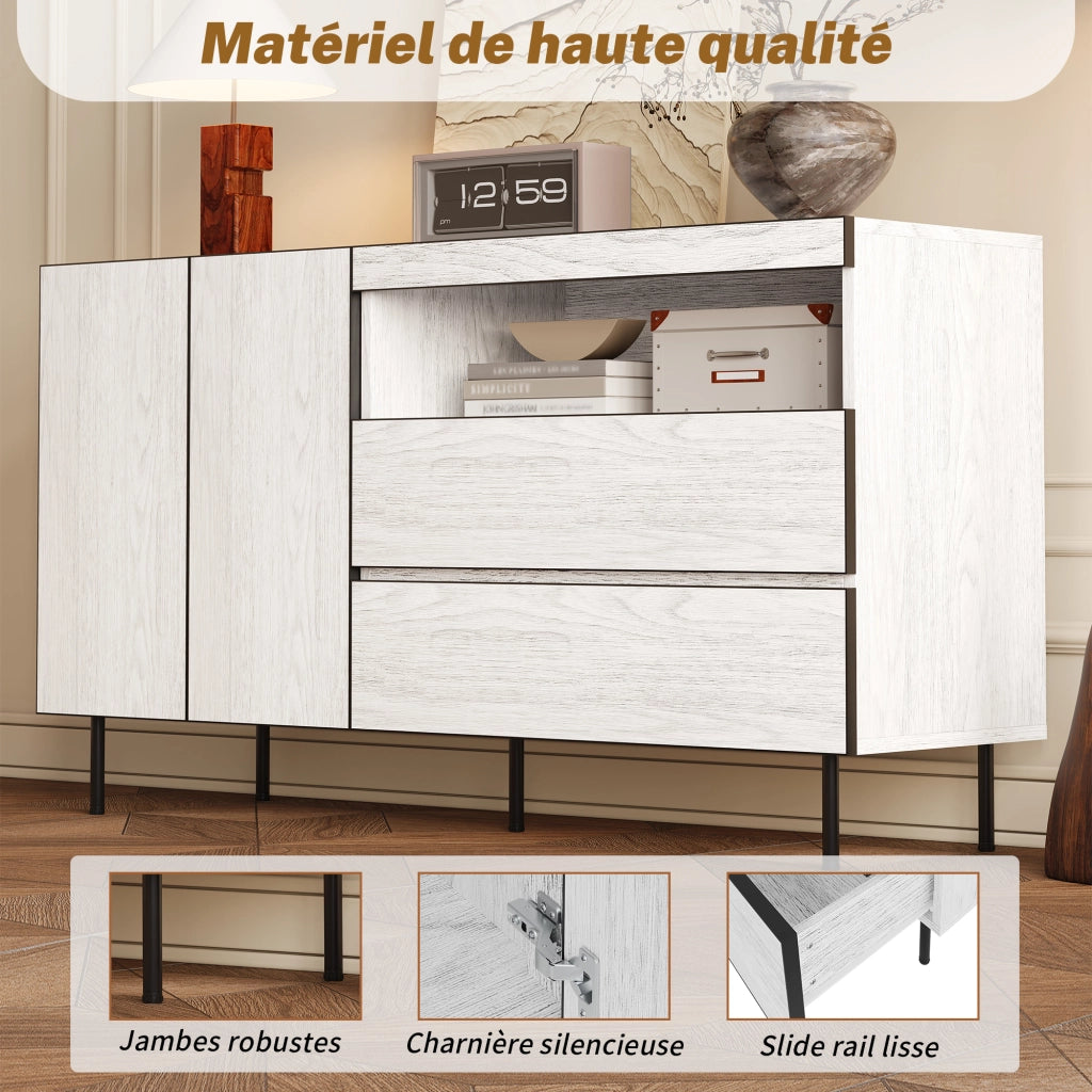 Credenza con 2 Ante; 2 Cassetti e Ripiani a Vista; Stile Minimalista; in Pannello Truciolare; Bianco; 140??42??77 cm