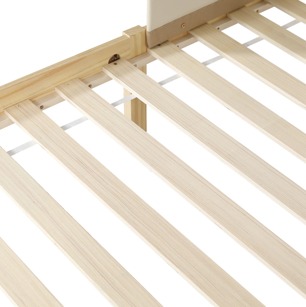 Letto imbottito 90x200 cm con testiera in PU e spondine laterali; legno beige naturale