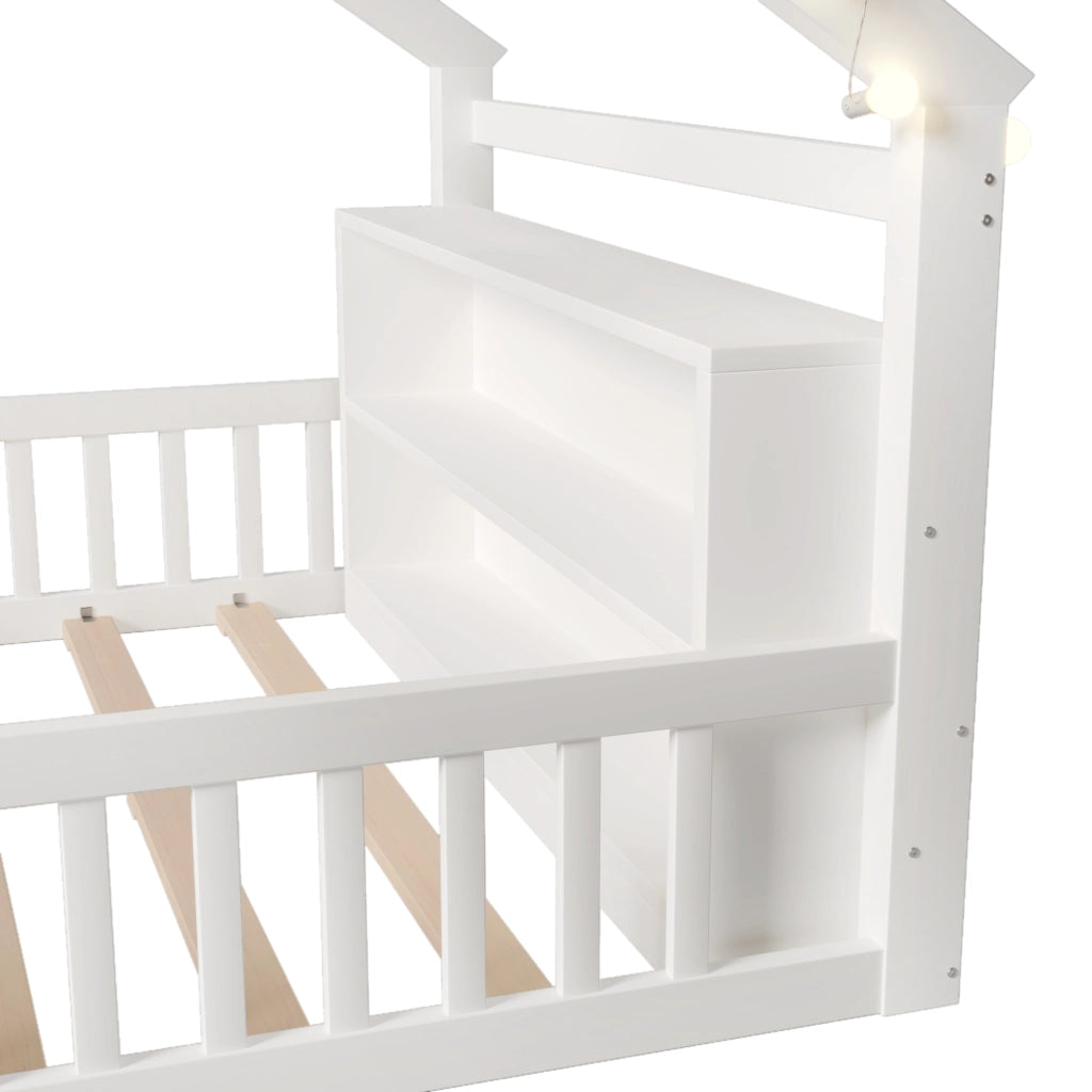 Letto per bambini 140×190 cm con sponde e ripiani laterali; senza materasso; legno; bianco