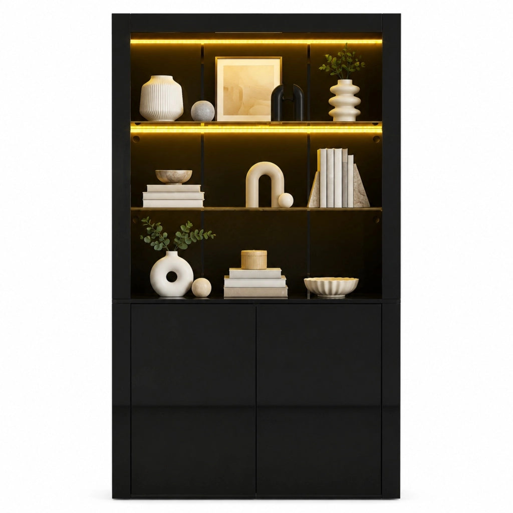 Vetrina 100x35x170 cm nera in MDF e vetro con LED， 2 ante