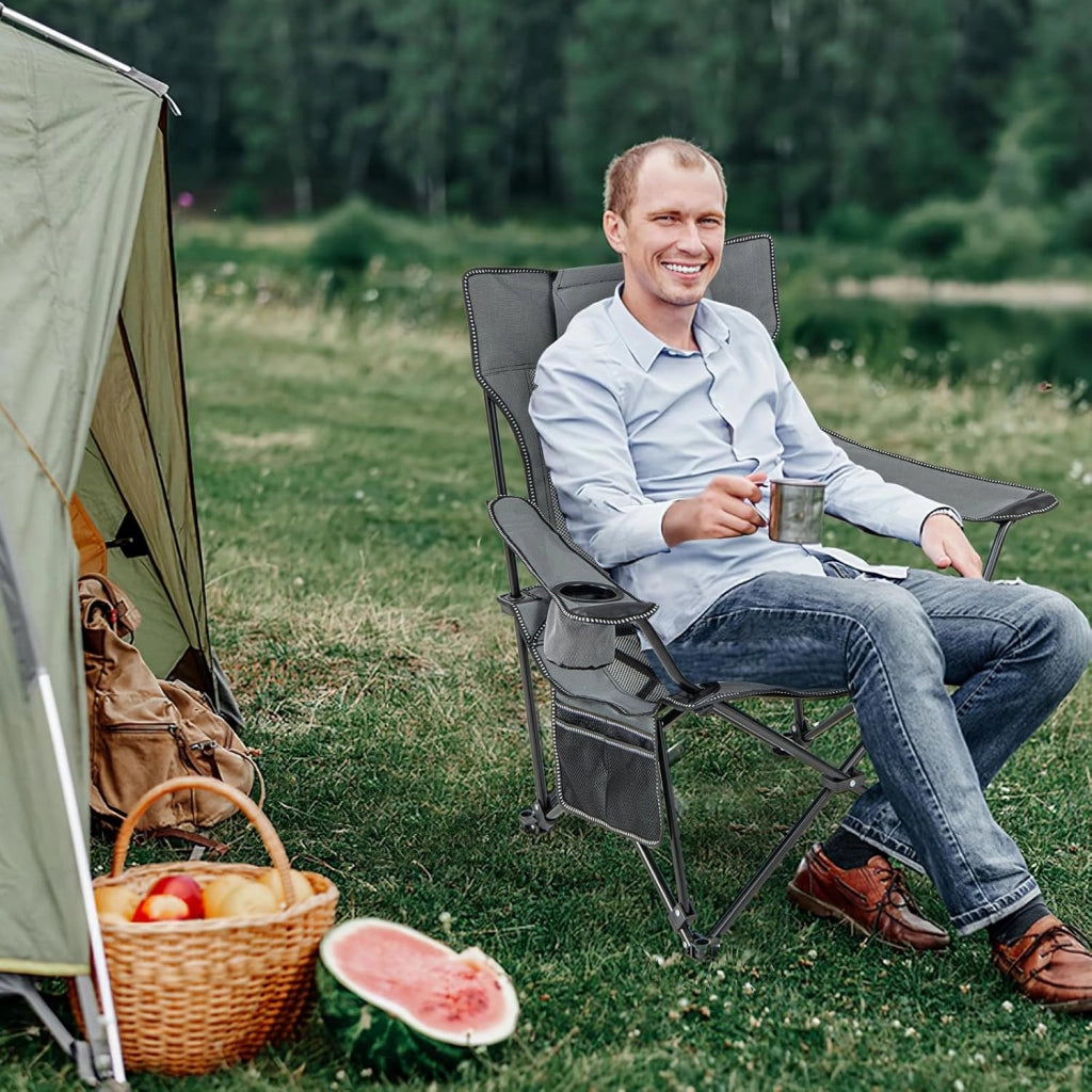 Sedia da Campeggio con Poggiapiedi Rimovibile, Sedie a Sdraio con Schienale Regolabile, Sedia Pieghevole con Borsa Portaoggetti, per Pesca, Campeggio, Picnic(Grigio)