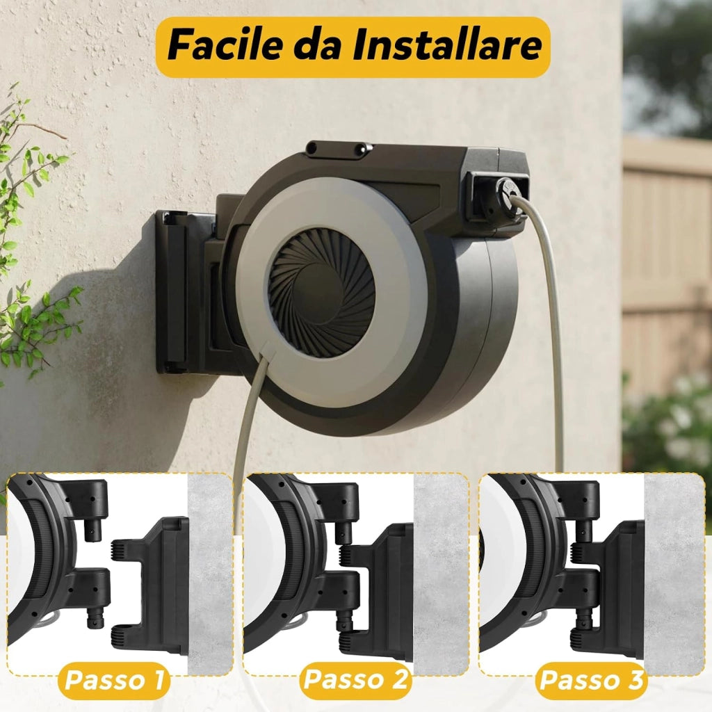 Avvolgitubo da Giardino Automatico a Muro, Tubo in PVC 30 M con Tubo di Alimentazione 2 M, Supporto Girevole a 180°, Ritorno Lento, Avvolgitubo Acqua Retrattile con Ugello Spray (30 M)