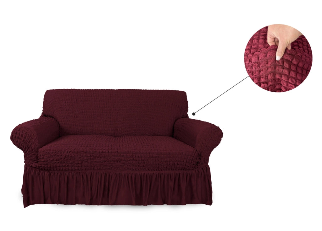 Copridivano Elasticizzato Arricciato Con Volants Tinta Unita Luxory Bordeaux - 3 Posti - Bordeaux