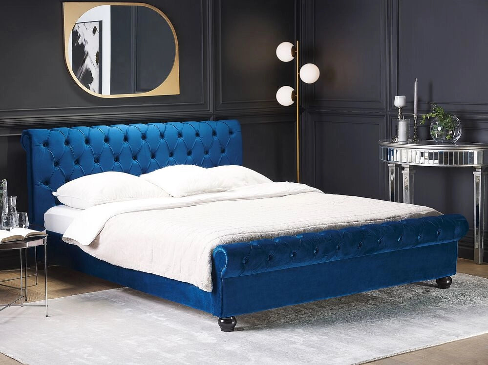 Letto rivestimento in velluto blu Gambe in legno Nero 180 x 200 cm abbottonato Glam