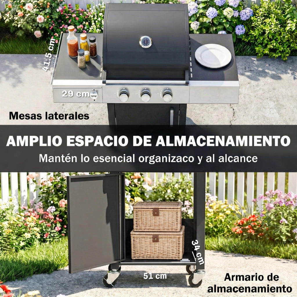 Barbecue a Gas 3 Bruciatori 8.1 kW con Termometro Griglia Armadio e Ruote ¨C Zephmum ¨C 109x50x109 cm Nero