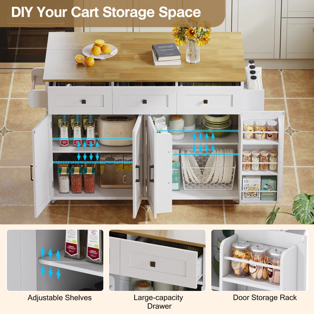 Carrello da Cucina con 4 Ante 3 Cassetti Piano Ribaltabile Portasciugamani e 5 Ruote con Freno; MDF; Bianco Naturale