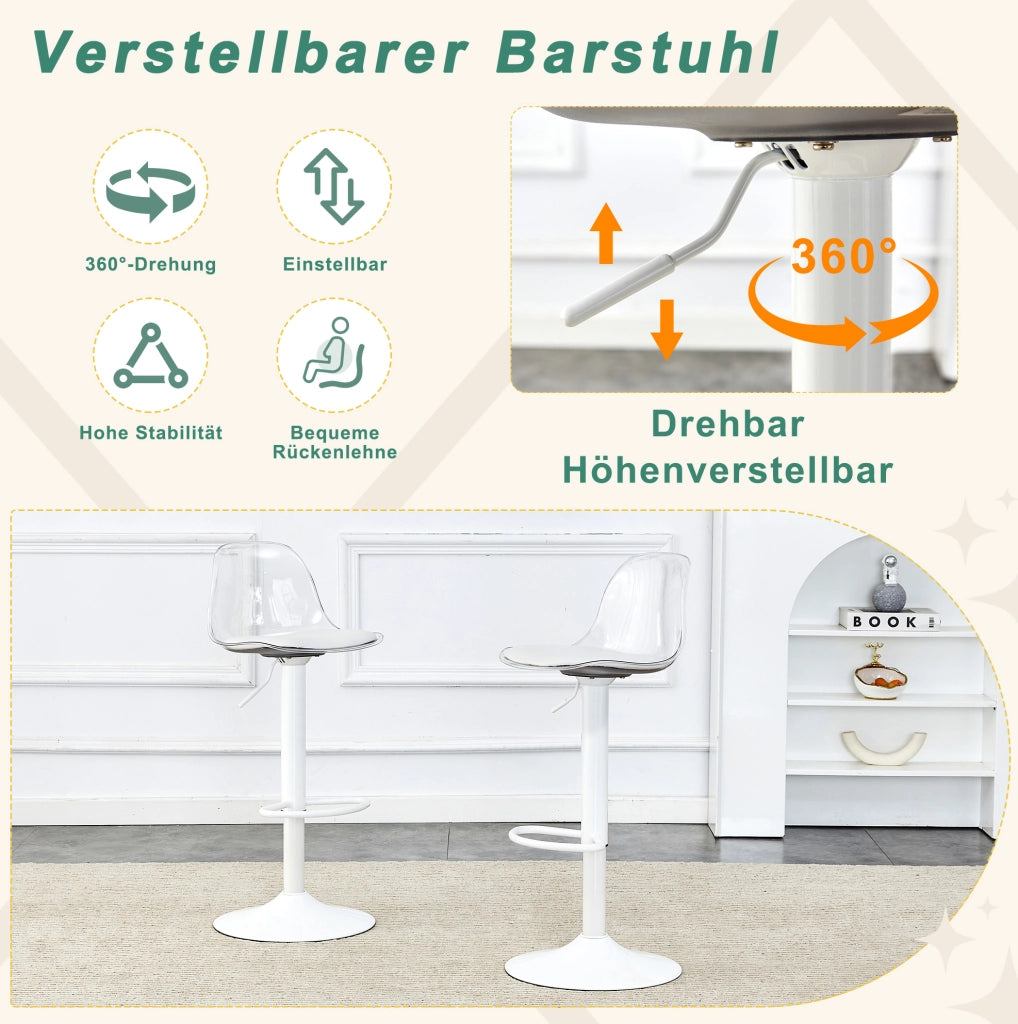 Set di 2 sgabelli da bar regolabili 82-104 cm con schienale trasparente e base bianca