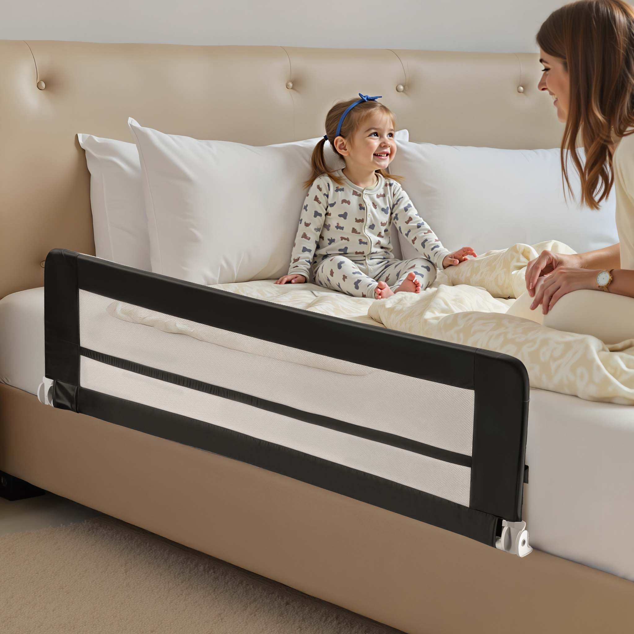 Sponda letto bambini 150x42 cm, pieghevole, metallo e nylon, Barriera anticaduta