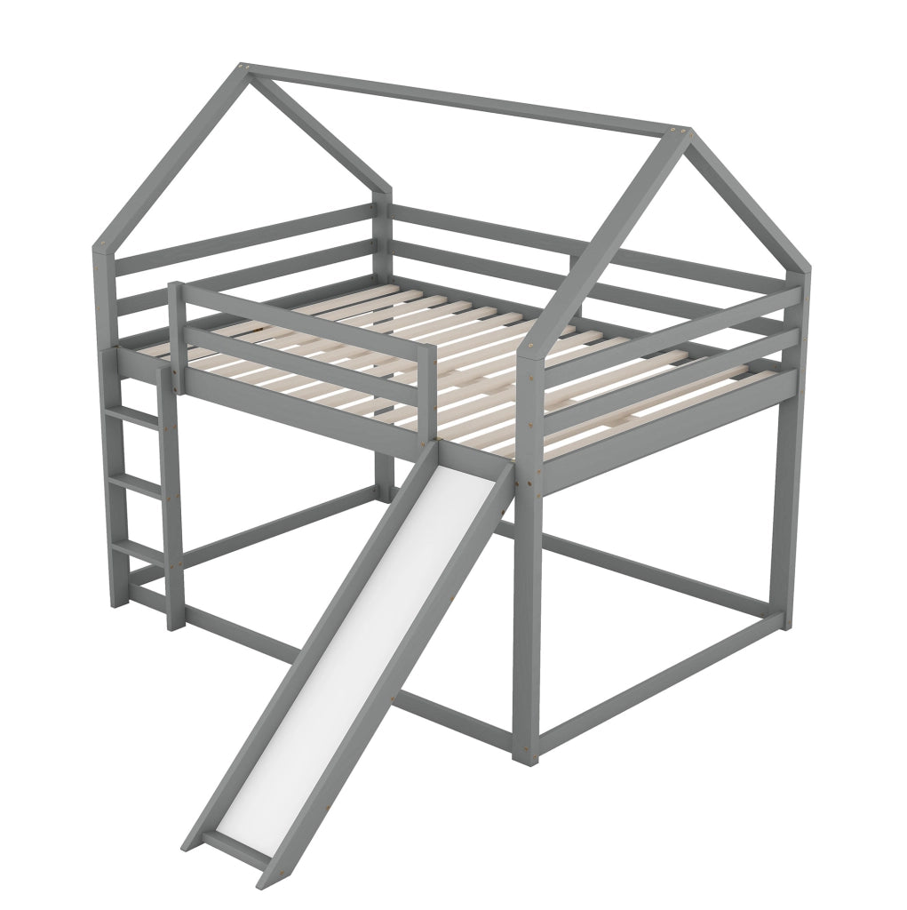 Letto a castello a casetta 140x200 cm con scivolo e scala; legno di pino; grigio
