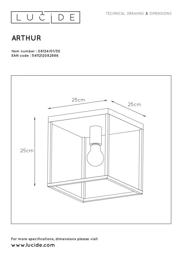 Lucide plafoniera Arthur nera 25 cm E27 40W in metallo